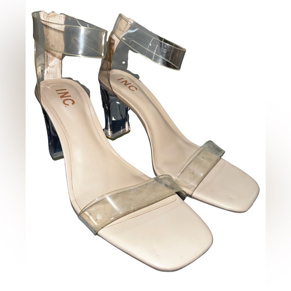 INC International Concepts Clear Strap Block Heel Sandals in Nude and Clear